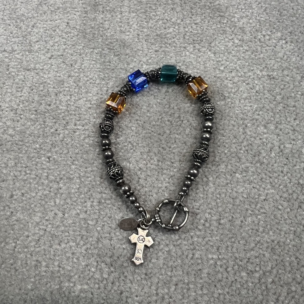 Beaded Royalty Y2K Faith Cross Bracelet 7.5 Silver 925 Crystal Artisanal